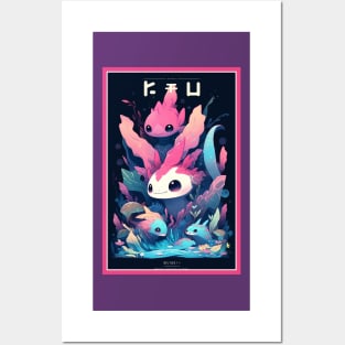 Cute Axolotl Anime Art Design | Cute Animals | Axolotl Hentaii Chibi Kawaii Design Posters and Art